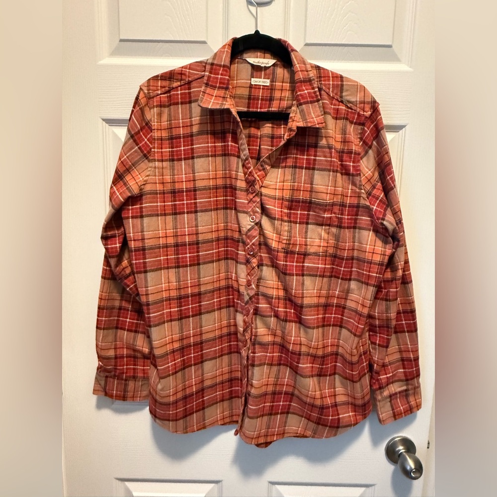 Women’s Weatherproof XL Plaid Button Up Shirt Rust Orange Tan Fall